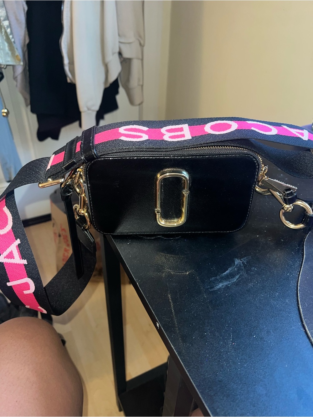 Marc Jacobs Black Crossbody Camera Bag with Pink Logo Strap